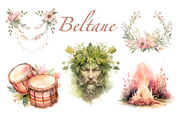Green and Pink fertility festival Set of Beltane Wiccan watercolor illustrations. Wheel of the year isolated folklore art. Celtic pagan PNG bundle with drums, bonfire and Green Man. - obrazy, fototapety, plakaty