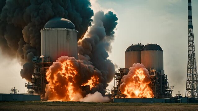 Oil storage fire. The tank farm is burning, black smoke is the combustion of hydrocarbons.