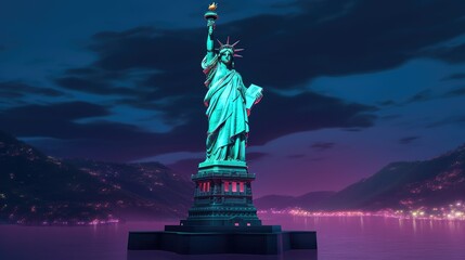 Statue of Liberty on the water with a glowing blue light at night
