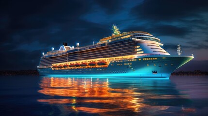 Huge Cruise ship on the water in ocean with a glowing blue light at night. Ship illuminated in blue neon glow.