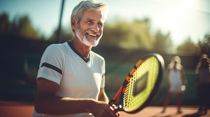 Smiling senior man playing tennis on a sunny day with friends in the background
