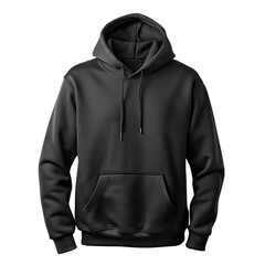 Blank black hoodie mockup, front view, isolated on transparent background