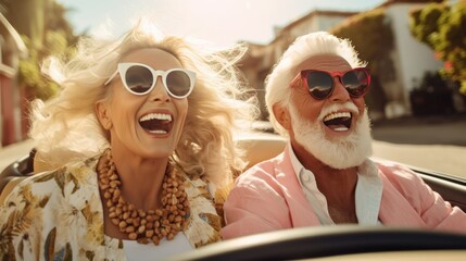 Happy senior couple driving in a convertible with the top down on a sunny day - obrazy, fototapety, plakaty