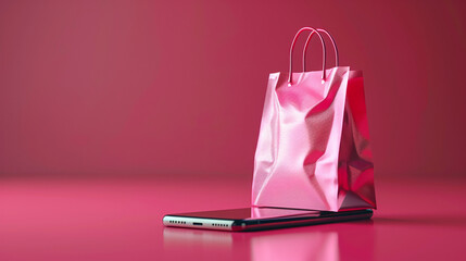 pink shopping bag with smartphone, concept of e-commerce purchase, pink background - obrazy, fototapety, plakaty