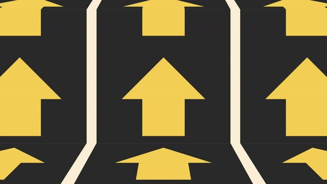 A graphic image of yellow arrows arranged in a zigzag pattern, pointing up and down. All arrows point towards the right side of the image on a black background