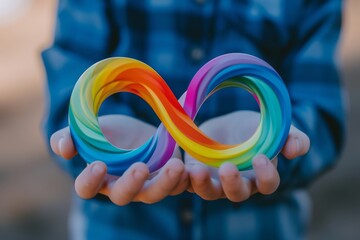 Little boy hands holding autism infinity rainbow symbol sign. World autism awareness day, autism rights movement, neurodiversity, autistic acceptance concept