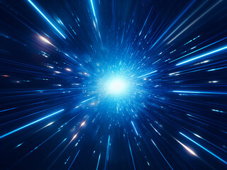 Blue star trail showcases abstract warp or hyperspace motion. - obrazy, fototapety, plakaty
