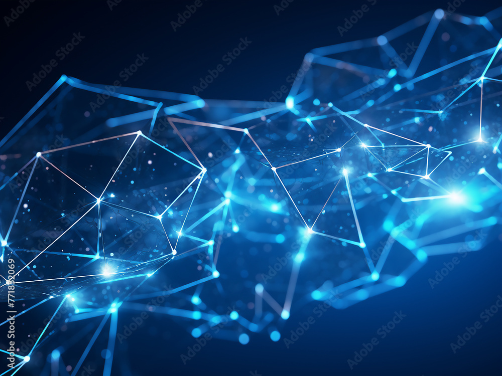 Poster 3d rendering showcases abstract plexus blue geometrical shapes.