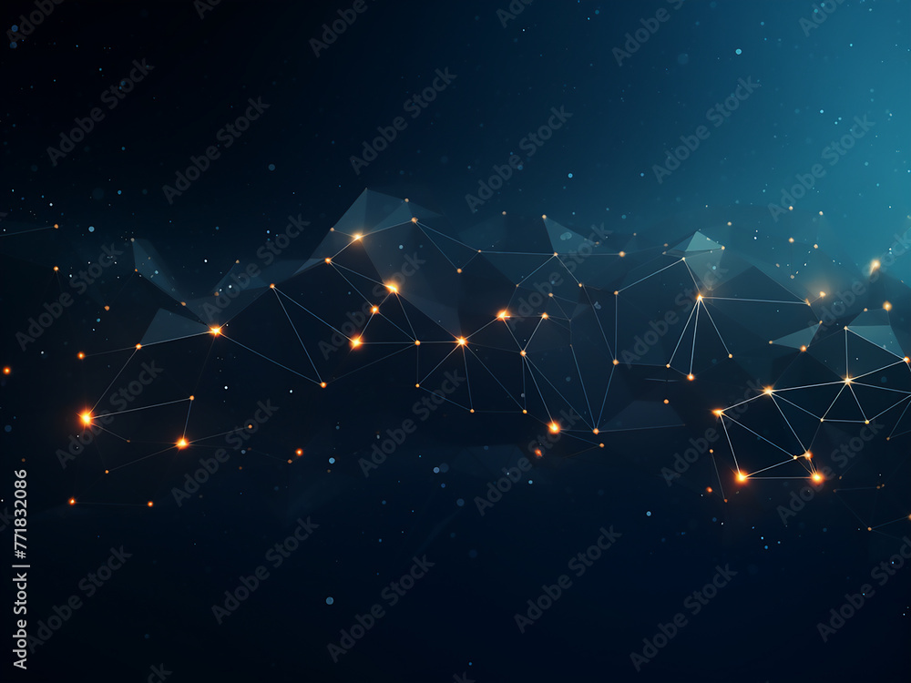 Poster dark backdrop displays low poly polygonal space abstraction.