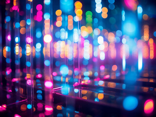 Colorful bokeh neon lights create abstract pattern at night club.