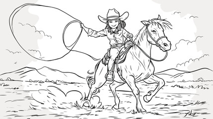 Coloring page with a cute cowgirl on a horse and la