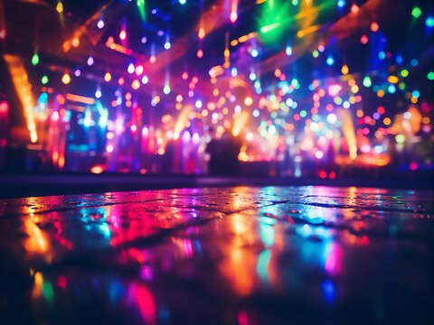 Night cityscape captured in abstract photo with bokeh street lights.