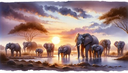 A serene family of elephants by a watering hole at sunset in a tranquil landscape