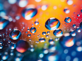 Water droplets on glass against blurred colored backdrop.