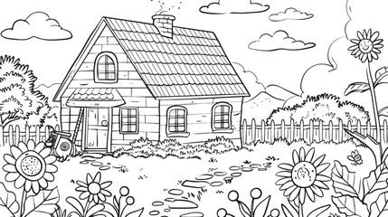 Coloring page with cute farmhouse animals and sunfl