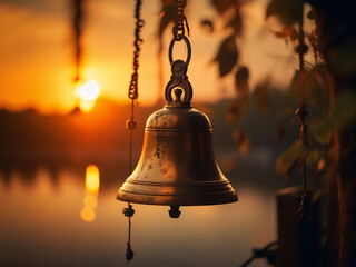 Blurred sunset serves as the backdrop for a bell.