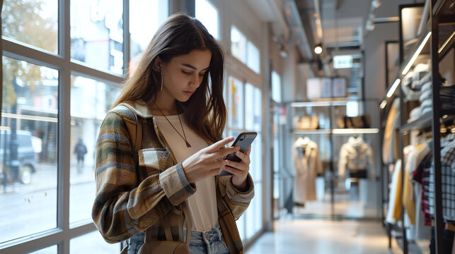young woman using smartphone at a clothing store, gen-z, fashion purchase, e-commerce