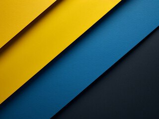 Abstract design features blue, black, and yellow tones.