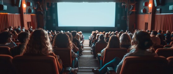 Cinema full of people watching movie blank screen