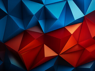 Bold geometric backdrop incorporates blue, red, and orange colors.