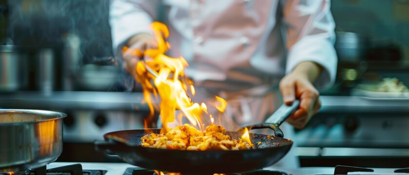 Close-up Professional chef hands cook food with fire in kitchen at restaurant