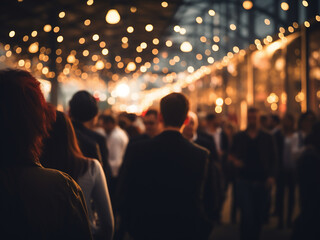 Naklejka premium Vintage-filtered crowd at expo fair blurs into background.