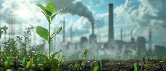 Decarbonization, featuring a vibrant green plant in the foreground with a CO2-emitting industrial chimney in the background