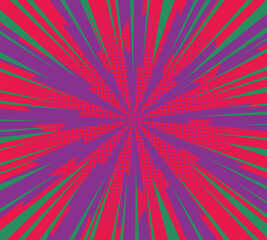 Striped Vector purple and green Explode Flash against red background. Pop up radial colorful comics art. Cartoon funny retro pattern strip mock up. Vector lightning blast halftone dots.