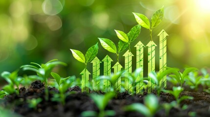 Green and sustainable development in the business sector, showcasing upward arrows symbolizing the growth and positive impact of environmental