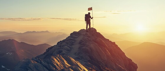 Hiker man heading to mountain top where there is a flag on top