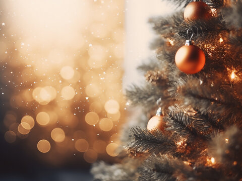 Christmas tree lights blur against white wall, creating festive atmosphere.