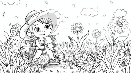 Coloring page with cute little farmer flowers and s