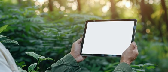 Mockup image of a man holding tablet pc with blank white desktop screen over green nature background