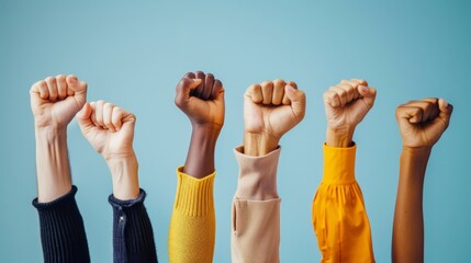 Multi ethnic people raising their fists up in the air