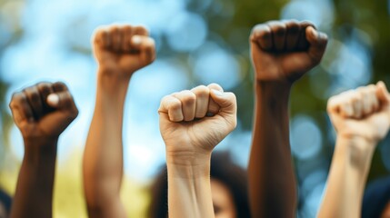 Multi ethnic people raising their fists up in the air