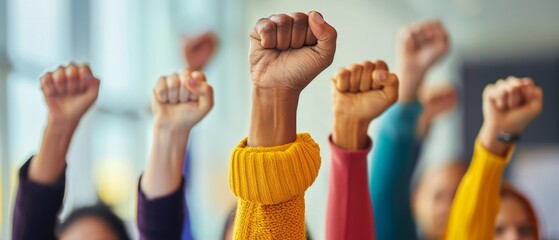 Multi ethnic people raising their fists up in the air