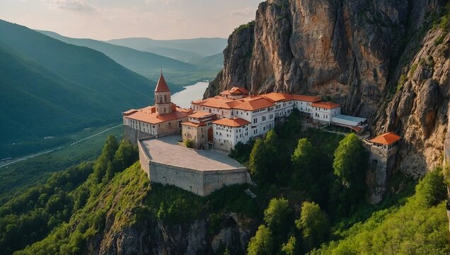 A photo of a monastery on a cliff.

