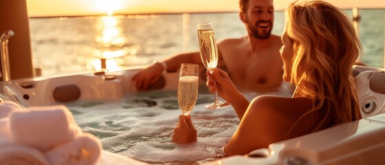 Sweet couple toasting with their champagne glasses while relaxing in the jacuzzi tub, Celebrating honeymoon in luxury