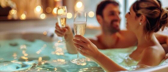 Sweet couple toasting with their champagne glasses while relaxing in the jacuzzi tub, Celebrating honeymoon in luxury - obrazy, fototapety, plakaty