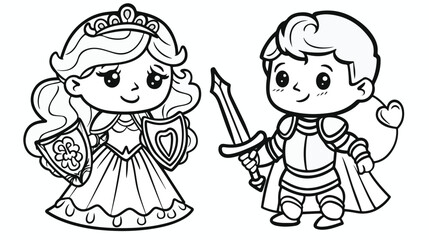 Coloring page with cute princess and knight on whit