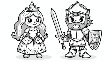 Coloring page with cute princess and knight on whit