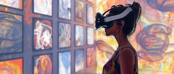 Virtual Art Gallery: A visual representation of a virtual art gallery or museum, with visitors wearing VR headsets
