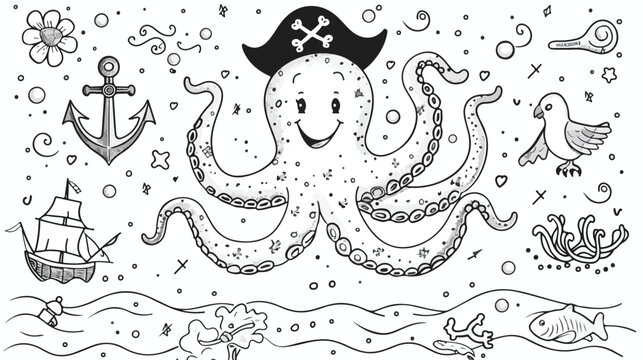 Coloring page with cute pirate octopus parrot and a