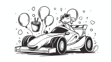 Coloring page with cute racer balloons and win cup