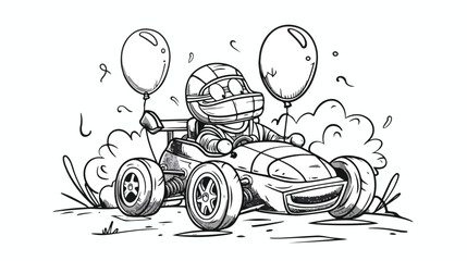 Coloring page with cute racer balloons and win cup