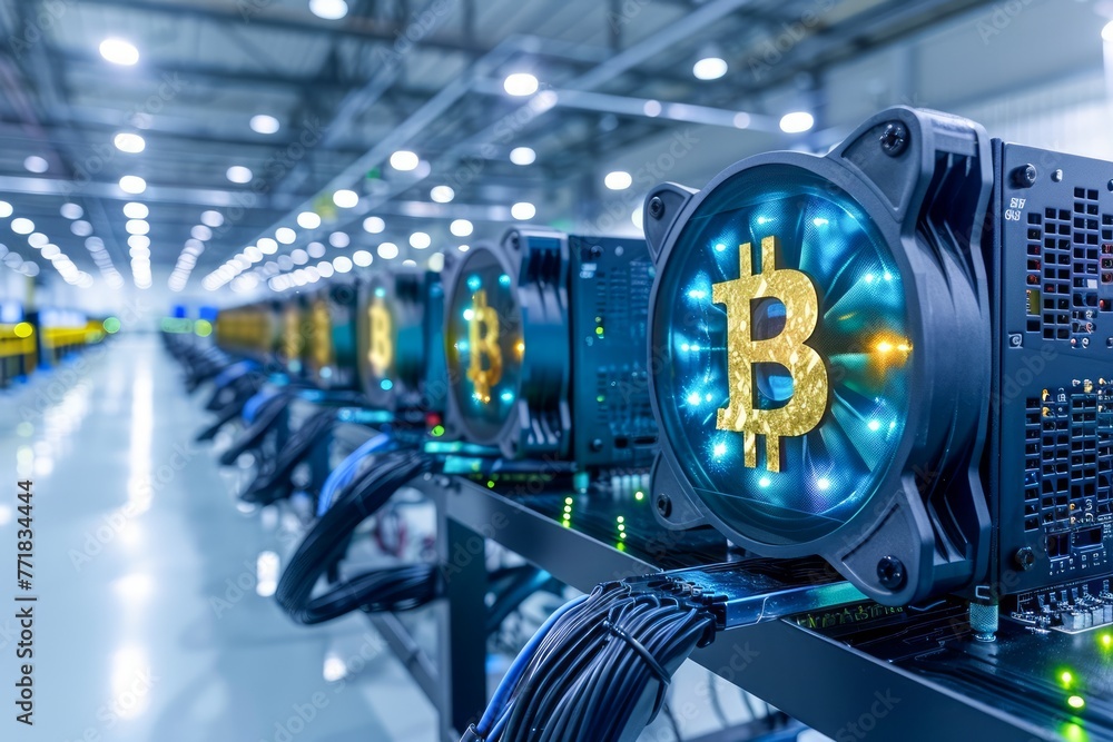 Poster high tech bitcoin cryptocurrency mining rigs with glowing symbols in large data center