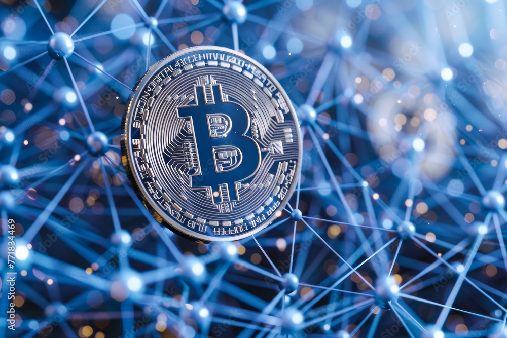 Aufkleber shiny bitcoin coin centered on digital network background symbolizing cryptocurrency and blockchain 