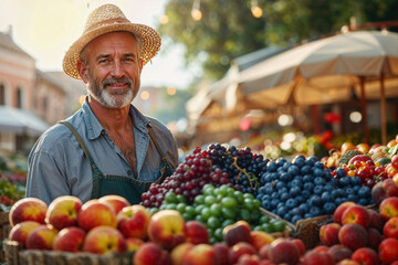 Frisch vom Feld: Bio-Bauer verkauft Obst und Gemüse auf dem Markt - obrazy, fototapety, plakaty