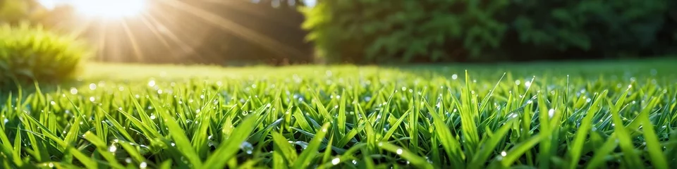 Foto op Canvas Green lawn with fresh grass outdoors. Nature spring grass background texture, blurred background with copy space. Landscaping of a parking area. © 360VP