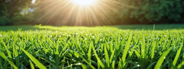 Green lawn with fresh grass outdoors. Nature spring grass background texture, blurred background...